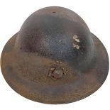 WW1 US Brodie Helmet with USMC Cap Badge and Camo Paint Job. The liner is complete, alas the chin