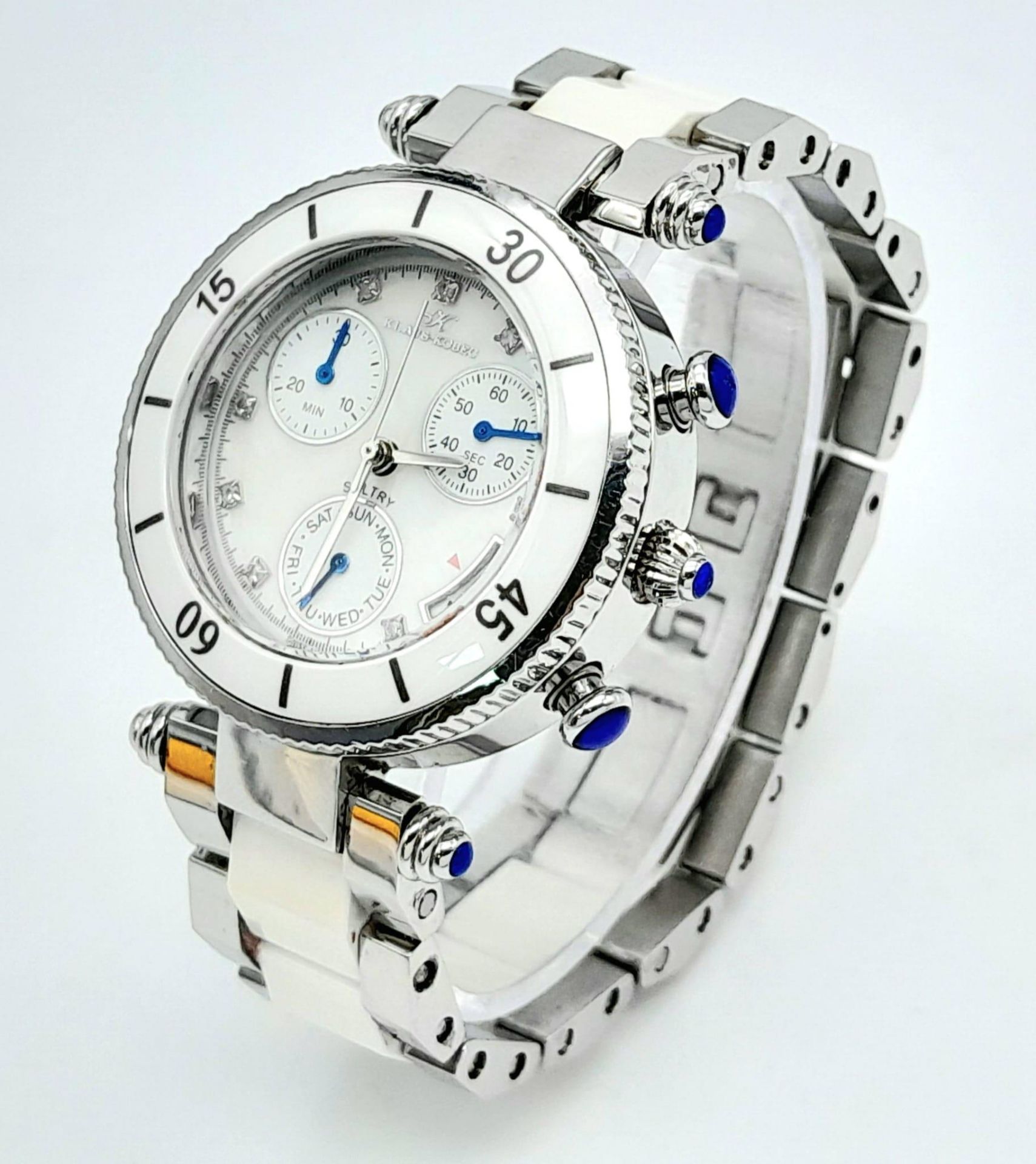 A Klaus Kobec Chronograph Quartz Ladies Watch. Ceramic and stainless steel bracelet and case - 34mm.