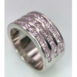 A Sterling Silver Pink Stone Set 3 Row Ring. Size Q, 9.5g total weight. Ref: 8325