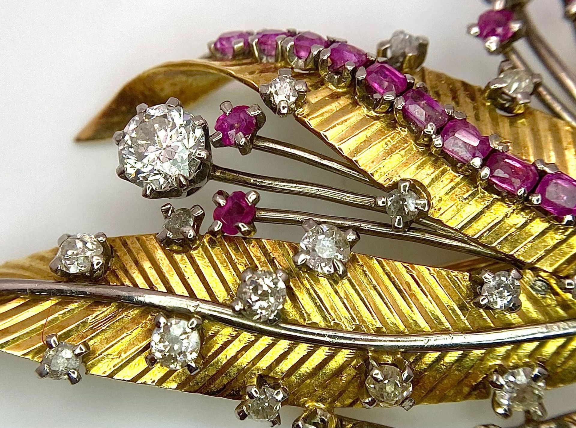 A Spectacular 18K Gold (tested) Diamond and Ruby Leaf Brooch. 3ctw of brilliant round cut diamonds - Image 4 of 6