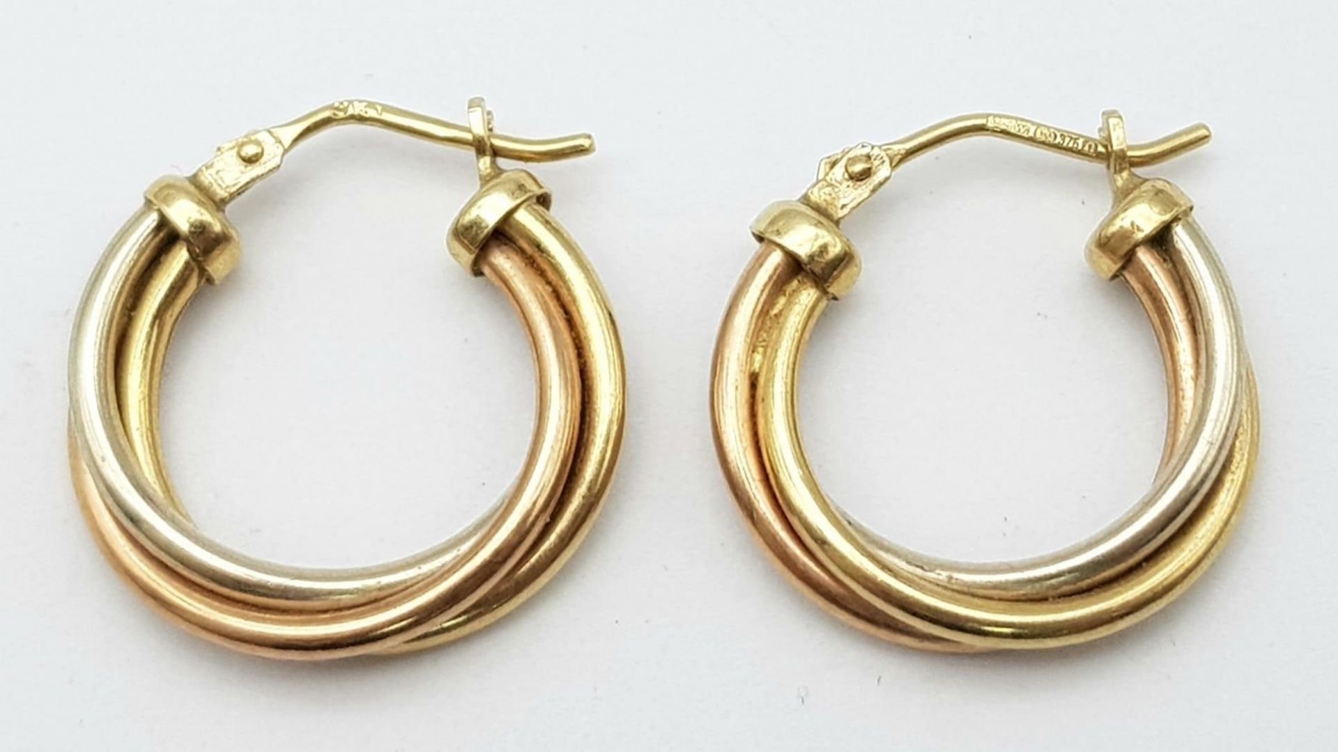 A 9 K tri-coloured gold pair of hoop earrings, length: 21 mm, weight: 2.5 g. - Bild 3 aus 4