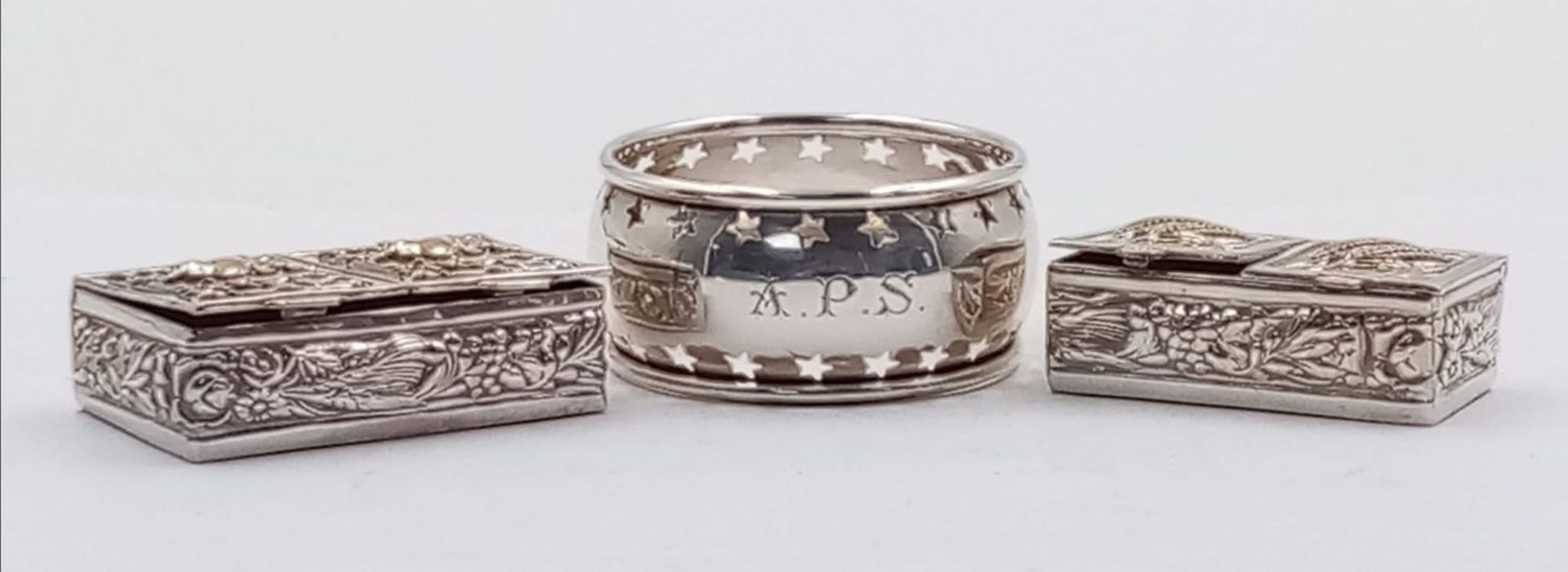 A Sterling Silver Antique Napkin Ring and Two Ornate decorative Silver Plate Double-Lidded Pill - Image 2 of 4