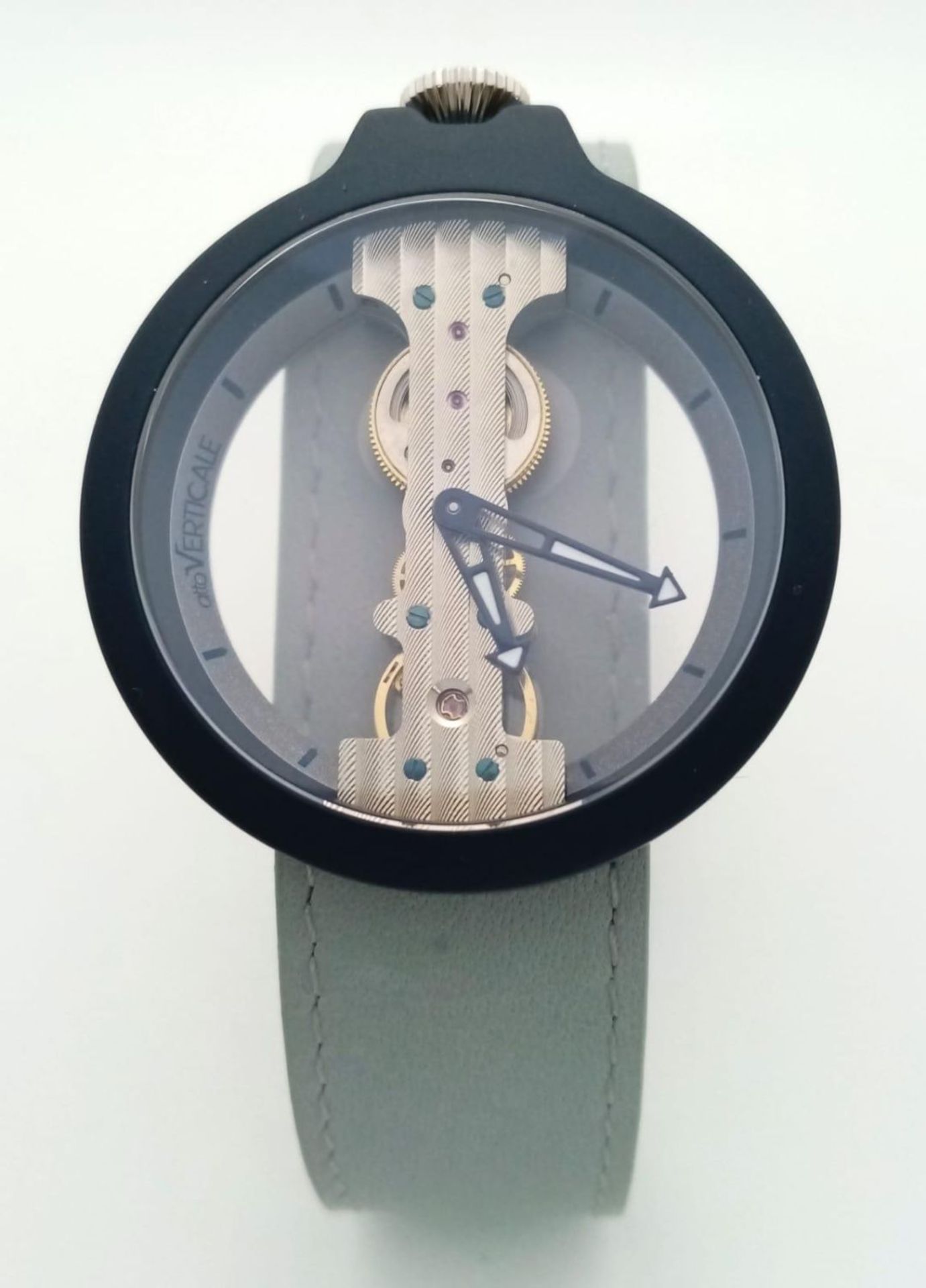 A VERTICALE unisex skeleton watch, black case 42 mm, original grey/blue leather strap (unused), - Image 5 of 12