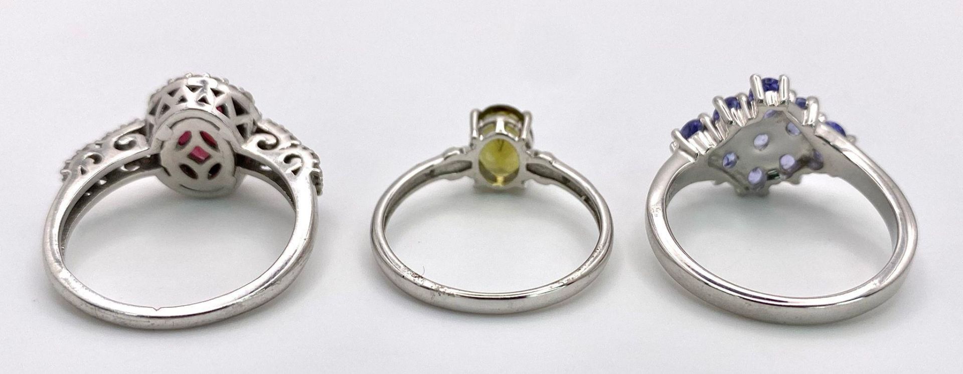 Three 925 Sterling Silver Gemstone Rings: Amethyst - Size P, Peridot - Size P and Ruby - Size P. - Image 9 of 15