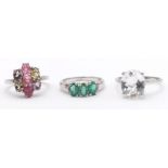 Three 925 Sterling Silver Gemstone Rings: Tourmaline - Size N, Topaz - Size S and Emerald - Size P.