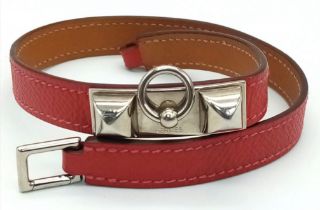 A Hermes Red Leather Dog Collar with Silver Tone Hardware. 36cm. Ref: 016716