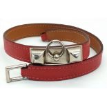 A Hermes Red Leather Dog Collar with Silver Tone Hardware. 36cm. Ref: 016716