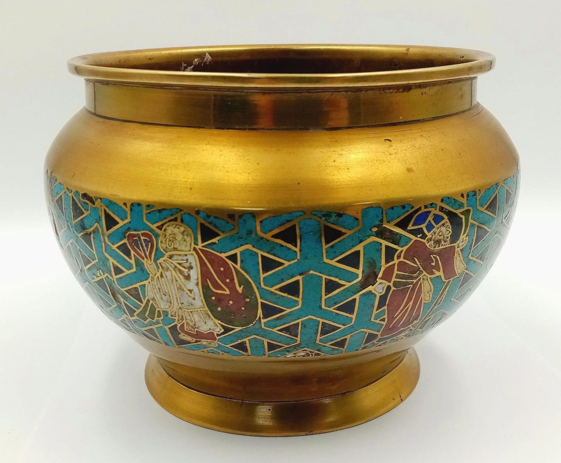 A Wonderful, Very Attractive Antique Japanese Champleve Enamelled Brass Pot - It depicts the seven - Image 2 of 6