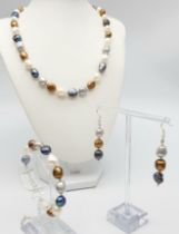 A natural, multi-coloured pearl necklace, bracelet and earrings set, in a presentation box. Necklace