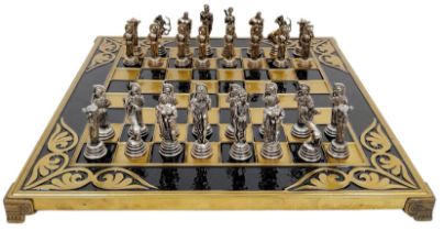 A Greek Made Bronze and Enamel Chess Set and Board. As new, in original packaging.