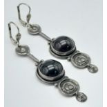 A vintage pair of Israel 925 silver bloodstone drop earrings. Total weight 12.7G. 5.5cm drop.