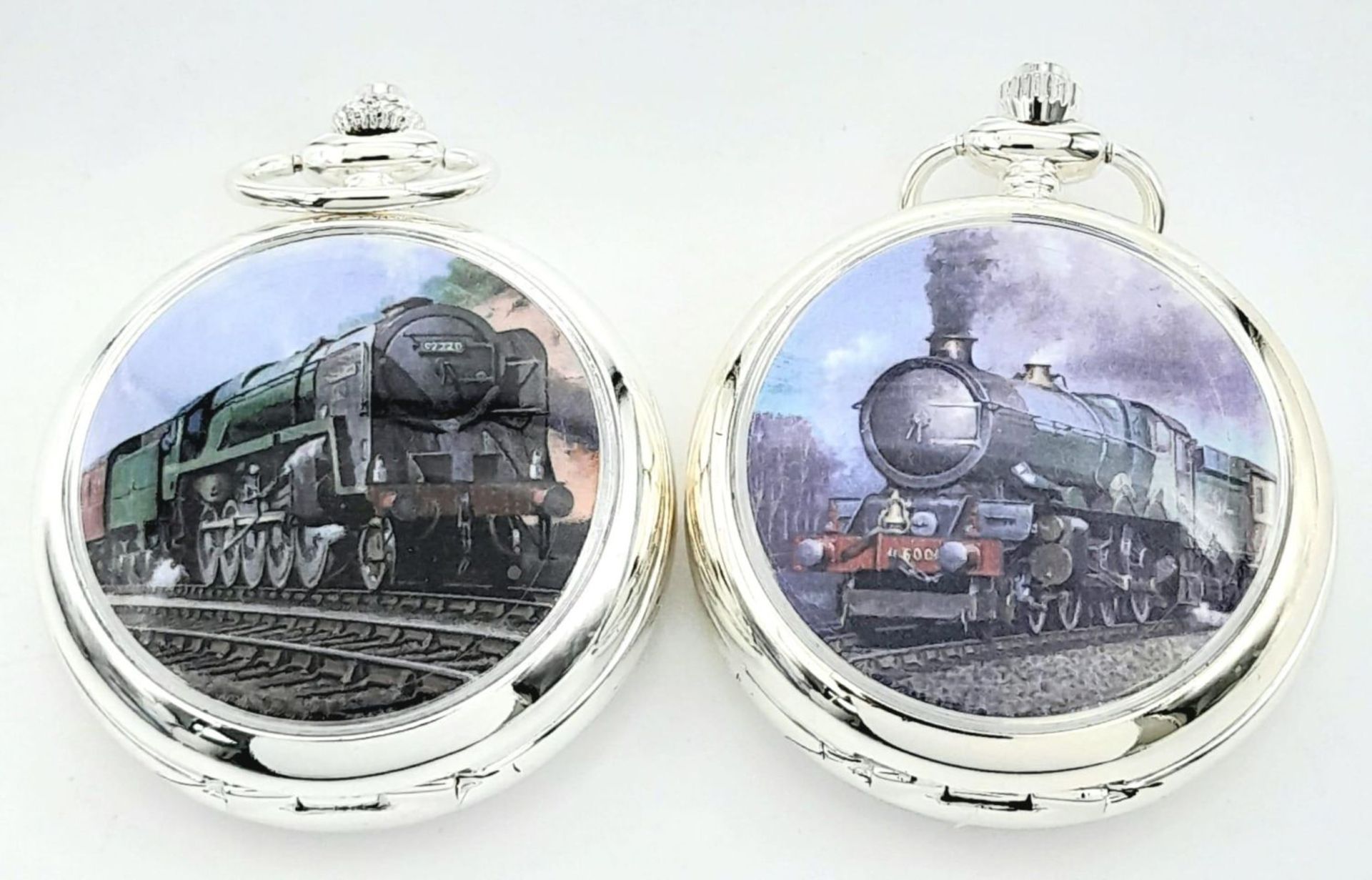 A Parcel of Two Manual Wind Silver Plated Pocket Watches Comprising 1) The Famous Steam Train ‘ - Image 3 of 14