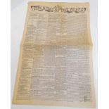 An October 1st 1843, 1st Edition Copy of The News of the World. Found in a North London home in 1966