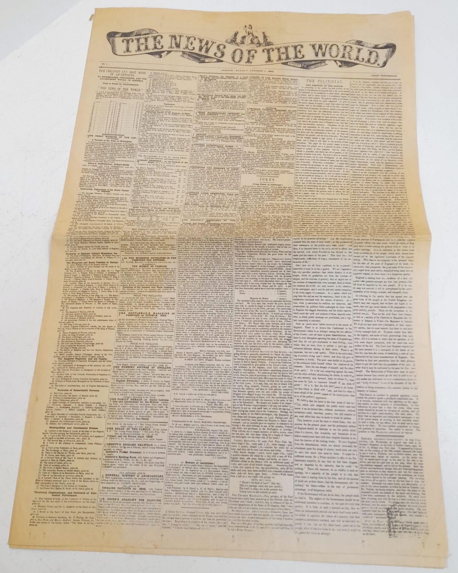 An October 1st 1843, 1st Edition Copy of The News of the World. Found in a North London home in 1966