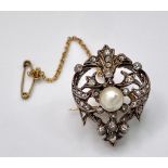 A Wonderful Antique Victorian Gold, Silver, Pearl and diamond Brooch. A rich mid-karat gold base