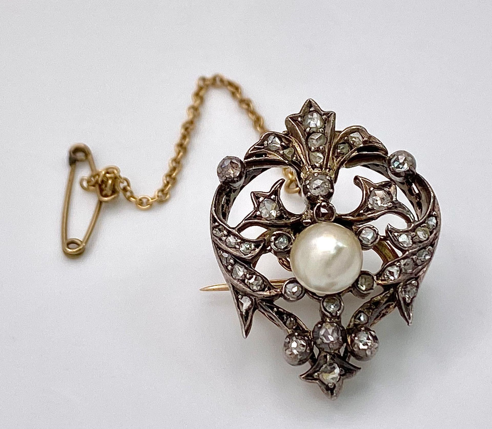 A Wonderful Antique Victorian Gold, Silver, Pearl and diamond Brooch. A rich mid-karat gold base