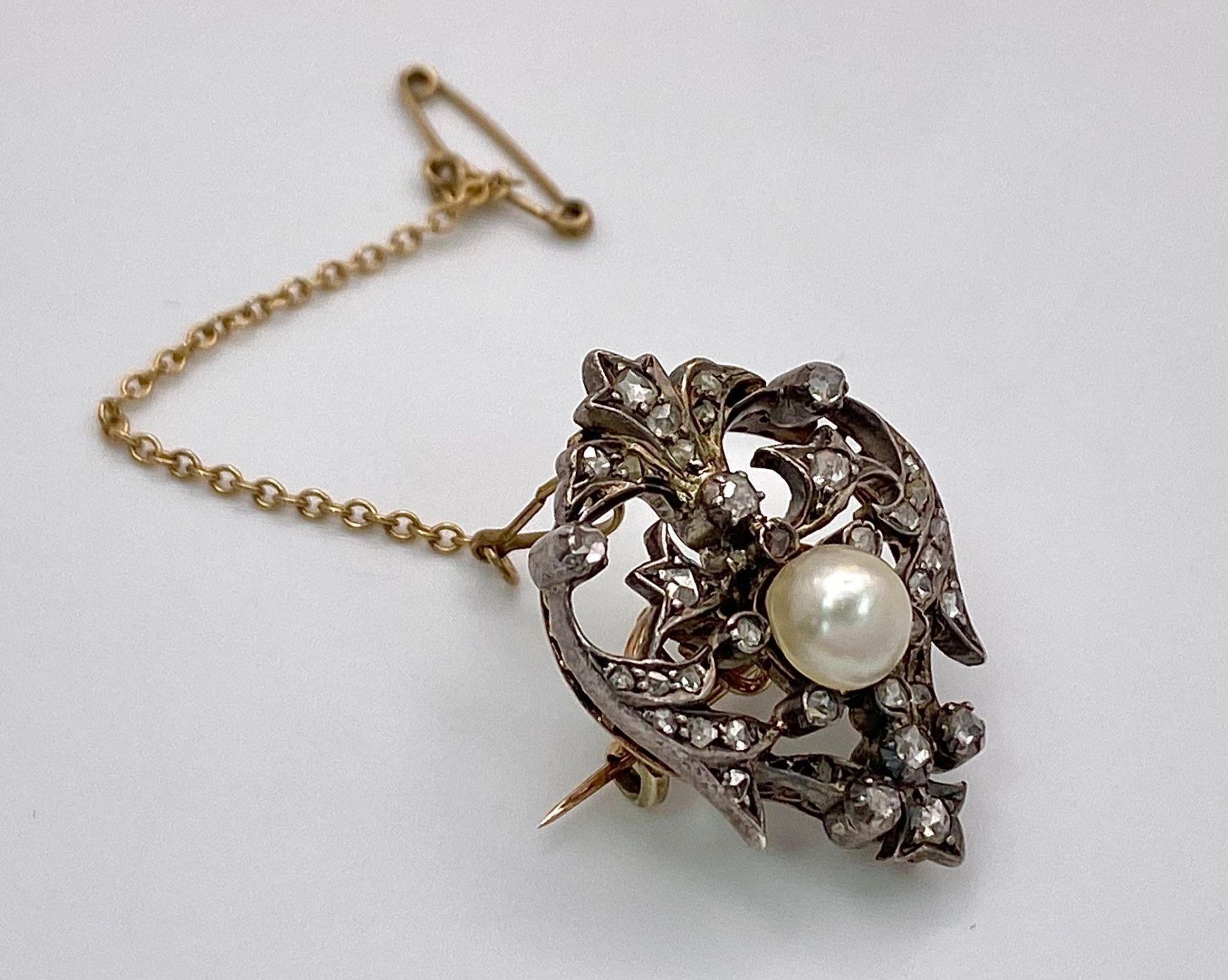 A Wonderful Antique Victorian Gold, Silver, Pearl and diamond Brooch. A rich mid-karat gold base - Image 2 of 4