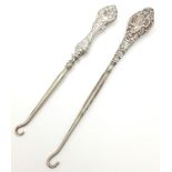 Two Antique Ornate White Metal Boot Hooks - 17 and 15cm.