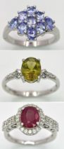Three 925 Sterling Silver Gemstone Rings: Amethyst - Size P, Peridot - Size P and Ruby - Size P.