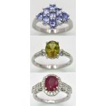 Three 925 Sterling Silver Gemstone Rings: Amethyst - Size P, Peridot - Size P and Ruby - Size P.