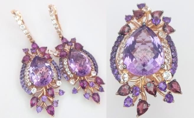 A stunning LE VIAN design, 14 K rose gold ring and earrings set with large pear shaped amethysts and