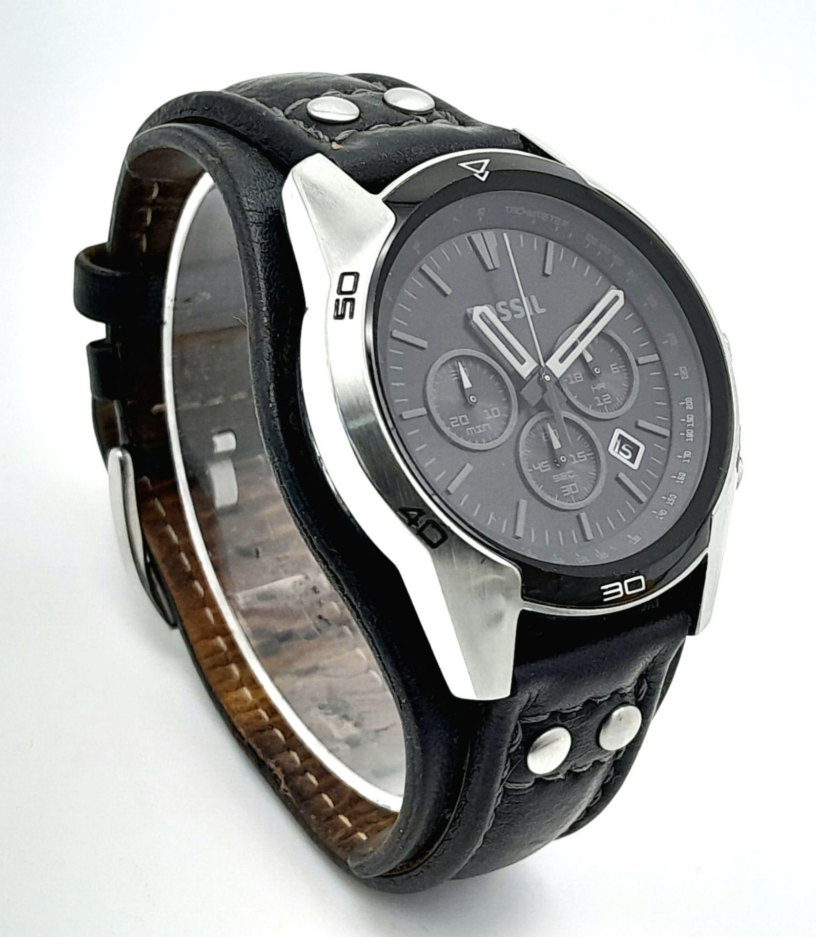 A Men’s Fossil Coachman Chronograph Black Leather Watch Model CH2546. 48mm Including Crown. New - Image 5 of 13