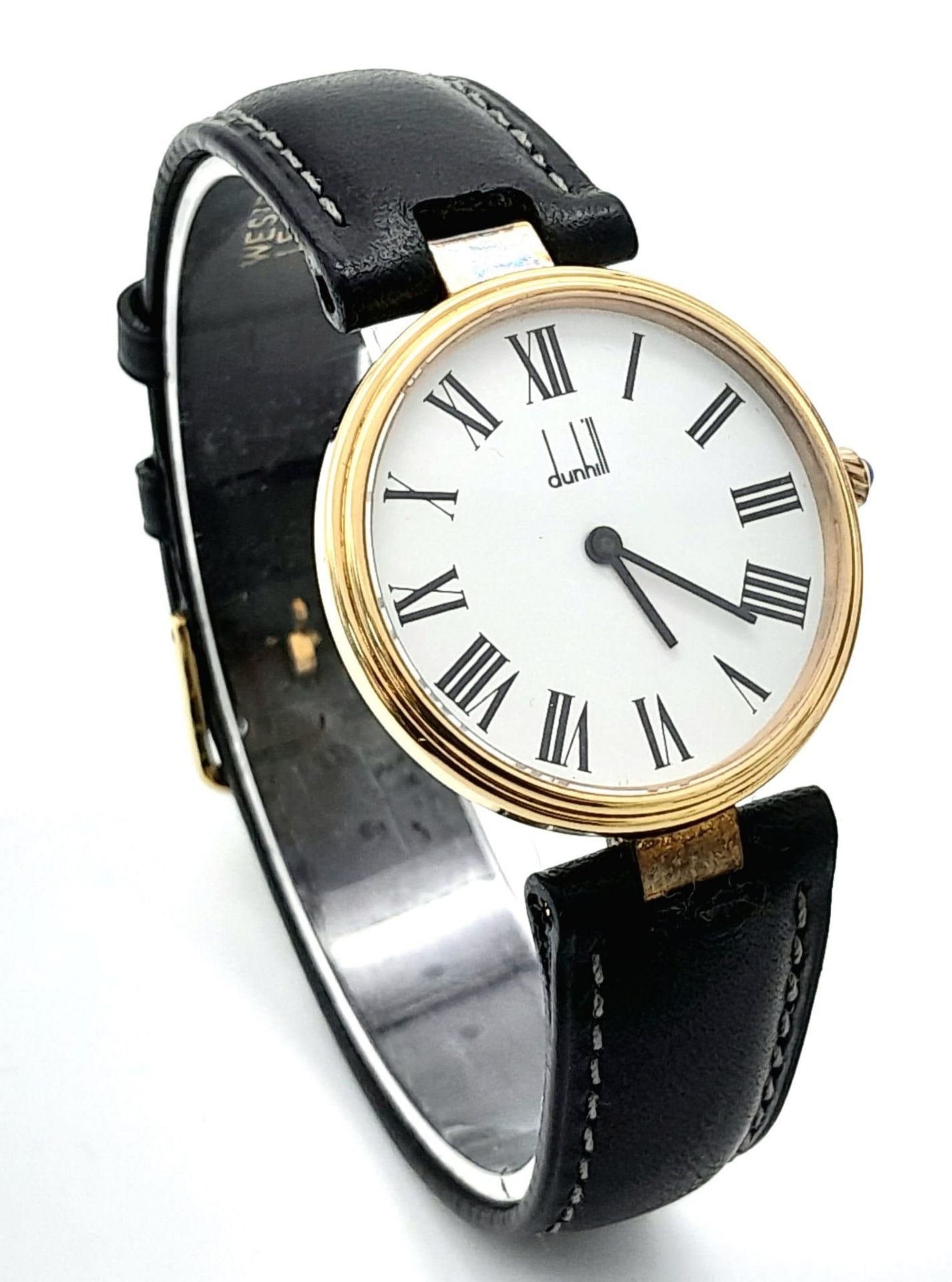 A Dunhill Sterling Silver Gilt Chronometer Watch. 34mm Case, Black Leather Strap. Full Working - Bild 5 aus 15