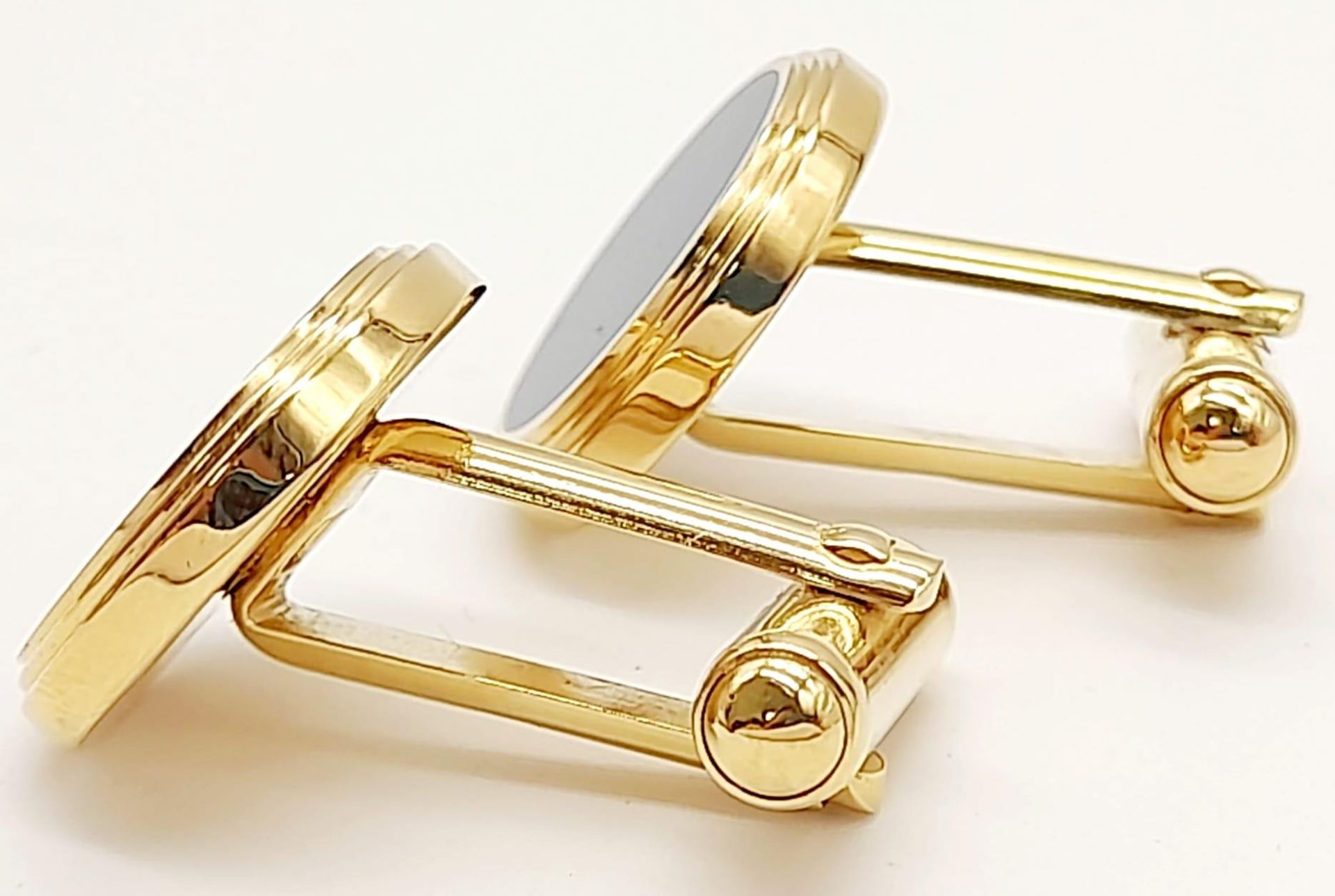 A Pair of Round Yellow Gold Gilt Blue Panel Inset Cufflinks by Dunhill in their original - Image 7 of 11