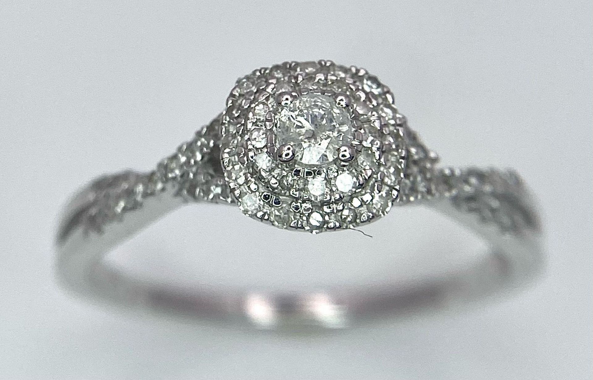 A 9K White Gold Diamond Double Halo Ring. 0.30ctw, size P, 2.2g total weight. Ref: 8447 - Bild 3 aus 9
