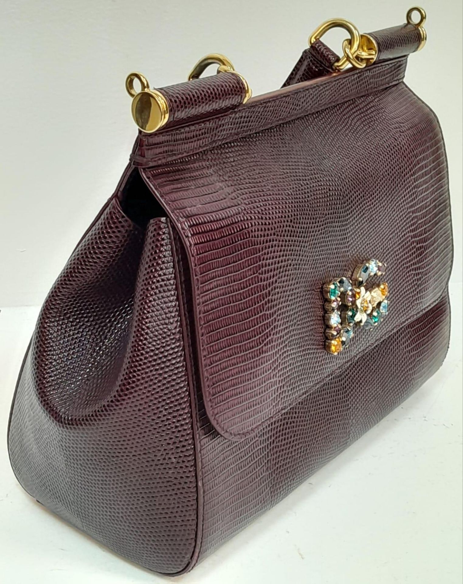A Dolce & Gabbana Burgundy Miss Sicily Bag. Reptile embossed leather exterior with gold-toned - Image 4 of 6