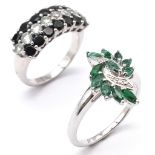 Two 925 Sterling Silver Gemstone Rings: Sapphire - Size P and Emerald - Size -R.