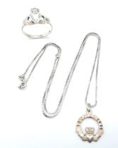 A sterling silver Claddah ring and chain with pendant, total weight: 6.3 g.