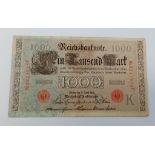 A 1910 German 1000 Mark Bank Note. Very good condition.