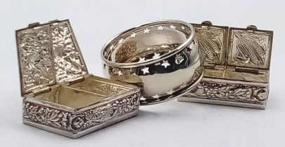 A Sterling Silver Antique Napkin Ring and Two Ornate decorative Silver Plate Double-Lidded Pill