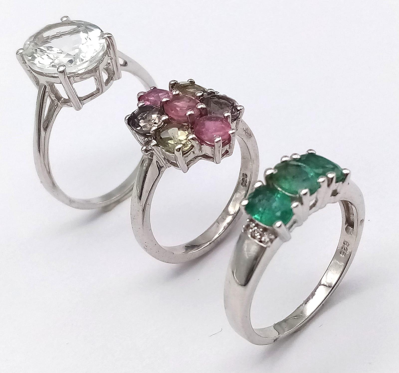 Three 925 Sterling Silver Gemstone Rings: Tourmaline - Size N, Topaz - Size S and Emerald - Size P. - Image 3 of 5