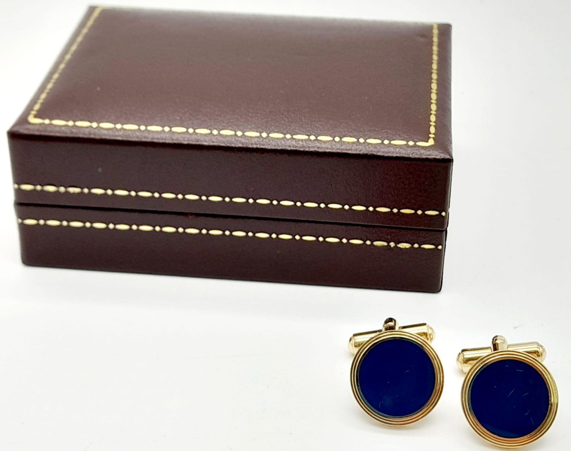 A Pair of Round Yellow Gold Gilt Blue Panel Inset Cufflinks by Dunhill in their original - Image 5 of 11