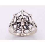 A Unique Vintage Sterling Silver Spider and Spider Web Ring Size Q. The Crown Measures 2cm Long