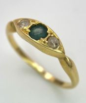 A Vintage 18K Yellow Gold Emerald and Diamond Ring. Size K. 2.56g total weight.