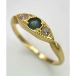 A Vintage 18K Yellow Gold Emerald and Diamond Ring. Size K. 2.56g total weight.