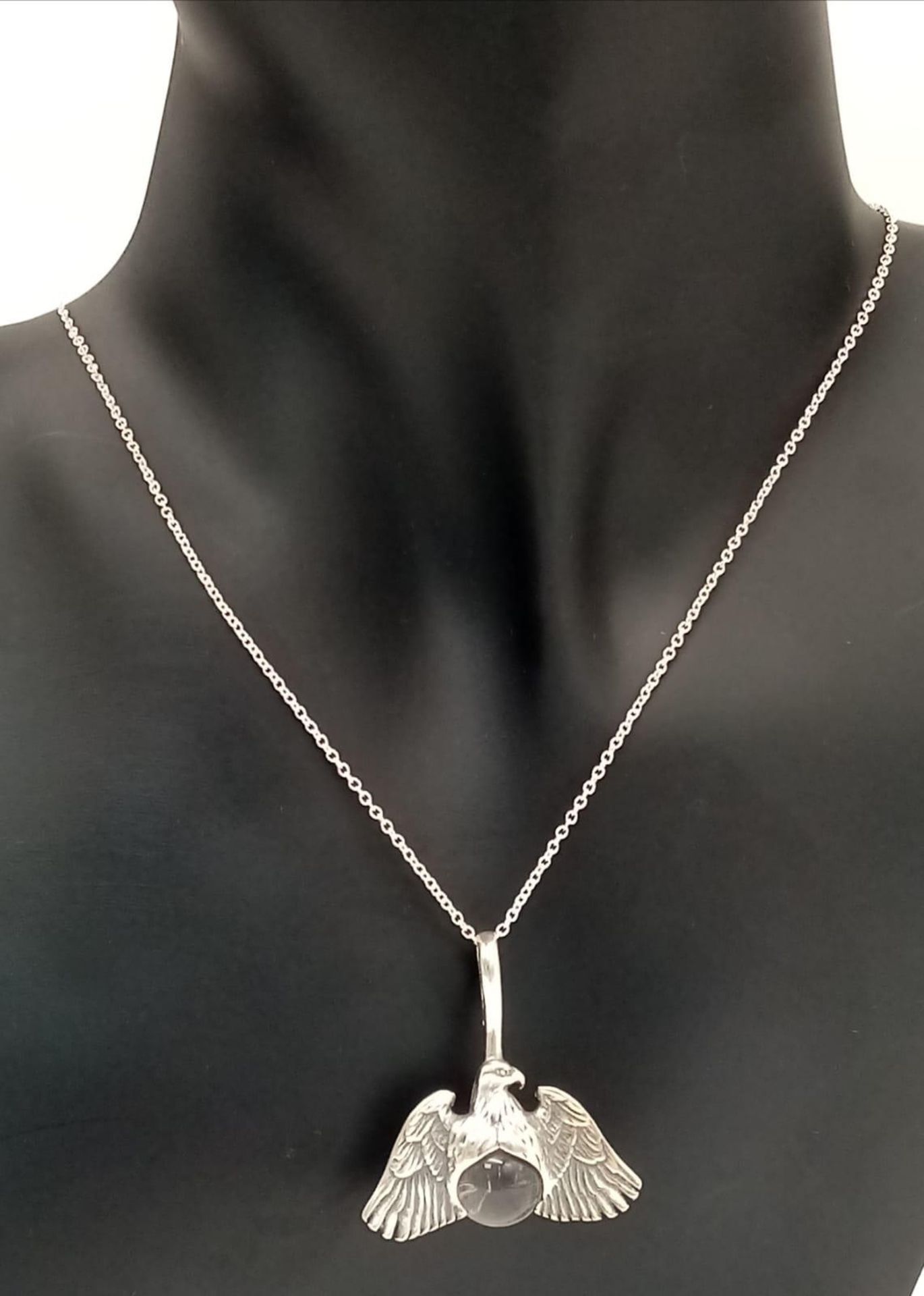 A Unique Sterling Silver Eagle and Crystal Ball Pendant Necklace. Sterling Silver Pendant Measures