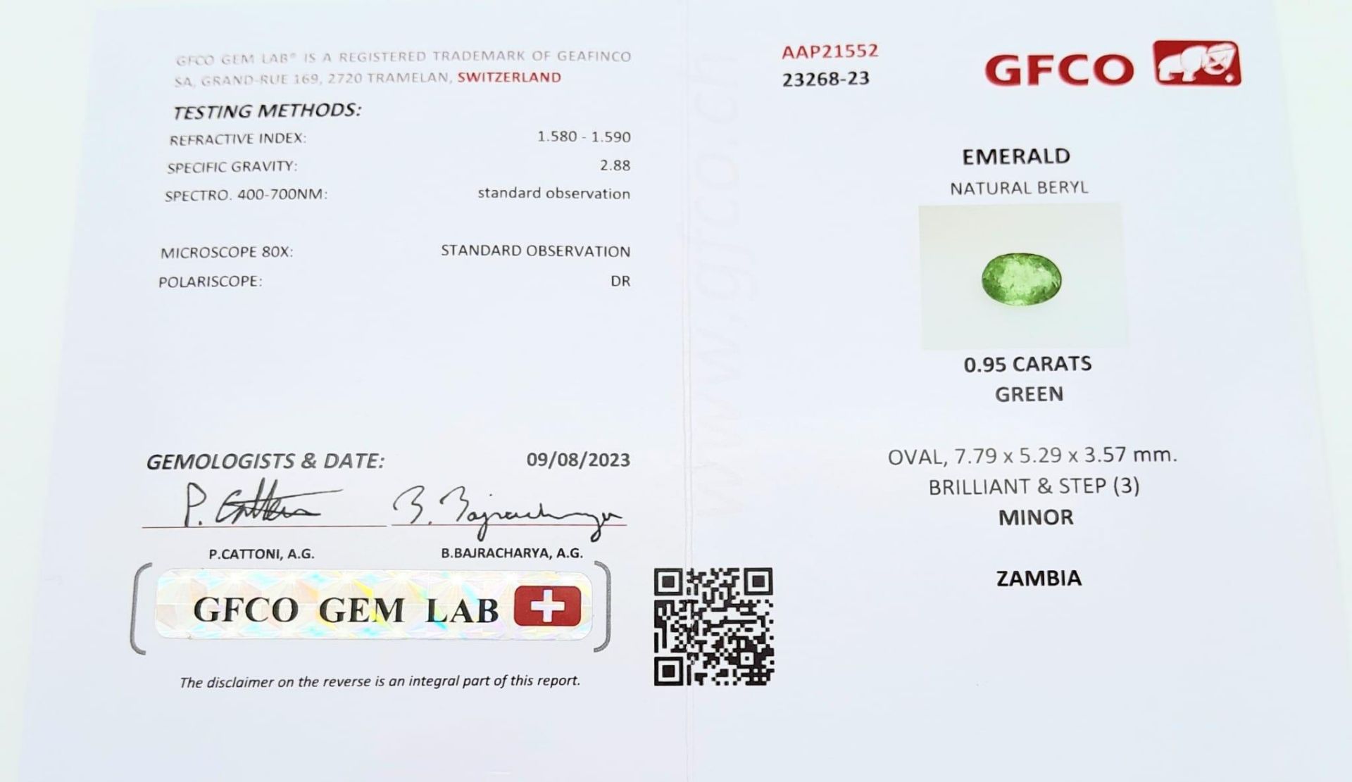 A 0.95ct Zambia Natural Beryl Emerald, in the Oval shape cut. Comes with the GFCO Swiss certificate. - Image 5 of 5