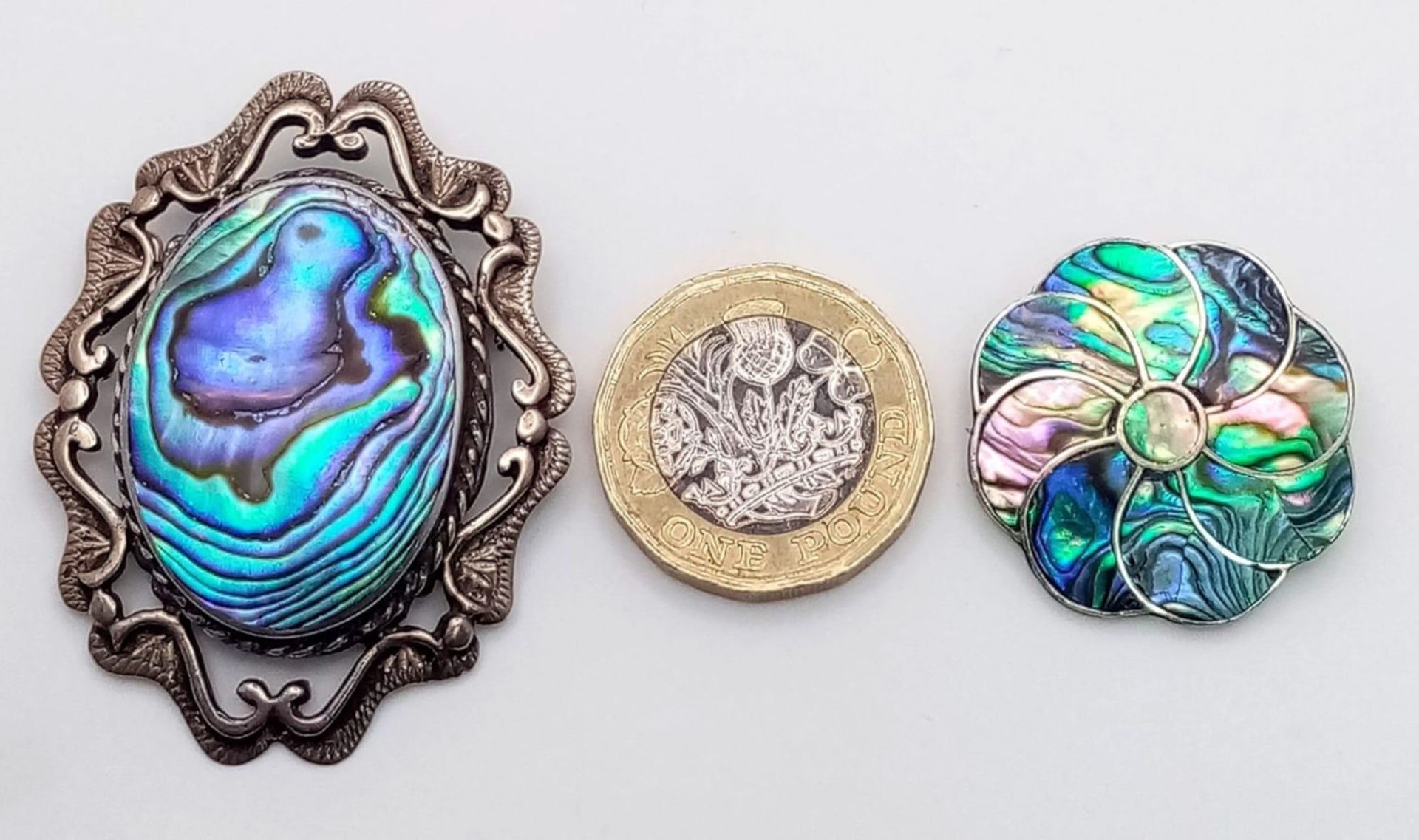 2X vintage silver Abalone inlay brooches include a Mexican flower and oval brooch. Total weight 19. - Bild 8 aus 8