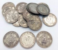 A Parcel of Twenty Pre-1947 Silver Shillings. Dates 1937-1946. 112.43 Grams.