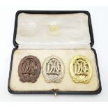 3rd Reich Cased Set of three DRL Sports Badges. Bronze, Silver & Gold.
