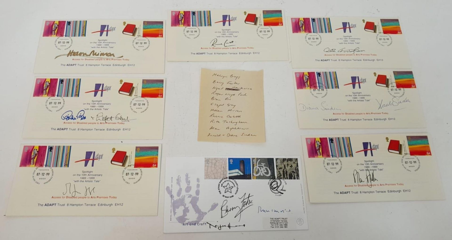 A Group of Eight Signed Commemorative Posted Covers for the Adapt Trust. Includes: Helen Mirren,