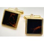 An Excellent Condition Pair of Square Yellow Gold Gilt Tortoiseshell Cufflinks by Dunhill in their