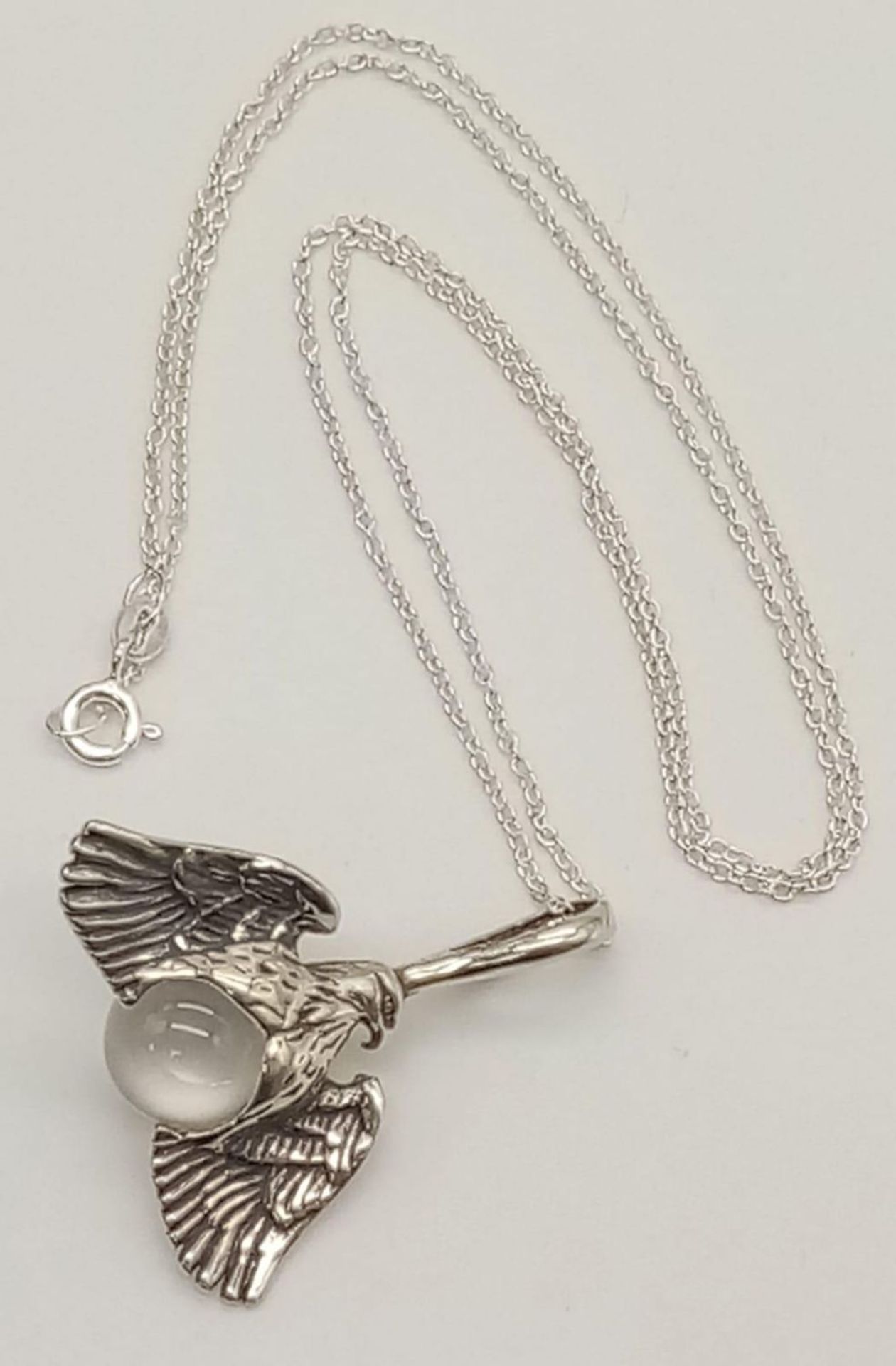 A Unique Sterling Silver Eagle and Crystal Ball Pendant Necklace. Sterling Silver Pendant Measures - Image 7 of 10
