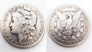 A Rare 1894S Morgan Silver Dollar (San Francisco Mint). Clear Detail. 28.18 Grams