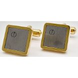 A Pair of Square Two-Tone Yellow Gold Gilt and Silver Panel Inset Cufflinks by Dunhill in their