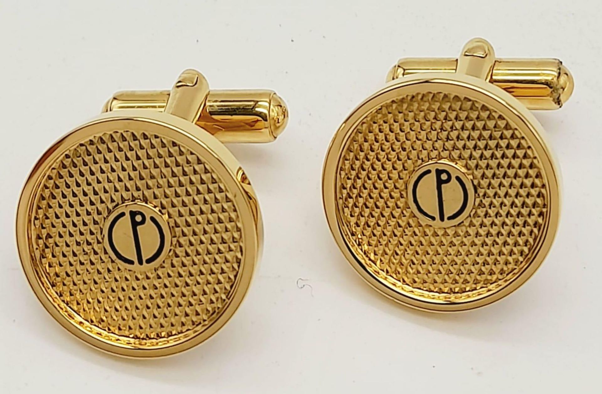 A Pair of Yellow Gold Gilt Round Engine Turned Cufflinks by Dunhill in their original presentation